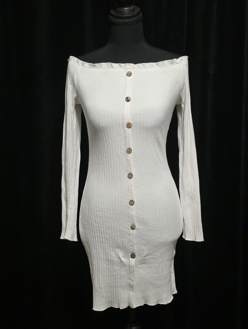 White Ribbed Off Shoulder Bodycon Mini Dress Faux Buttons